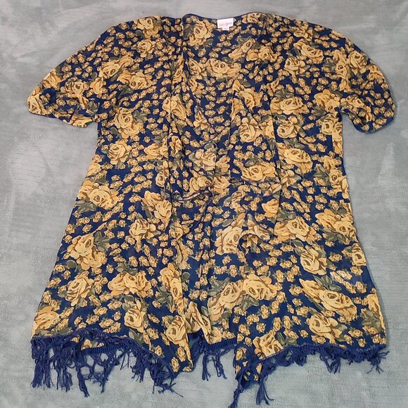 Lularoe Yellow Rosses Breezy Cardigan Overshirt Fringed Bottom Loose Fit - Picture 1 of 9